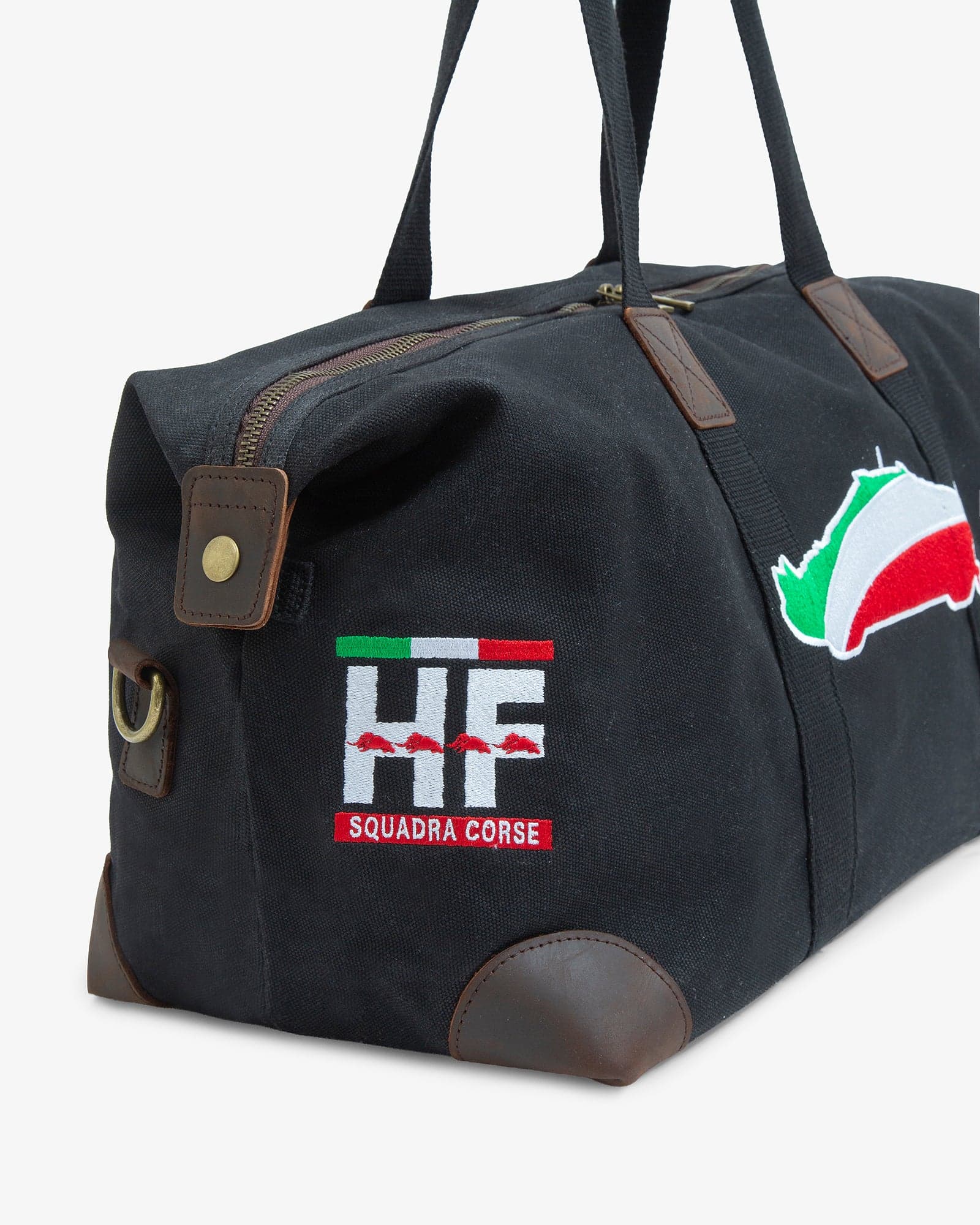 Bossa duffle de lona negra amb cantonades de pell i l'HF Squadra Corse i la silueta de l'Stratos brodats al lateral