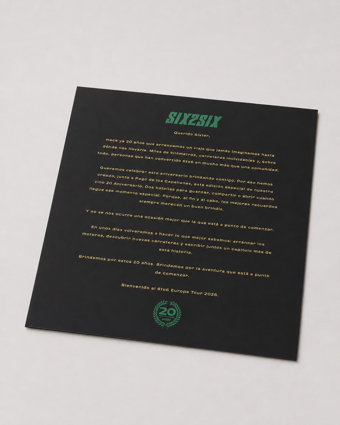 The greeting card inside the 6to6 Europe Tour gift box