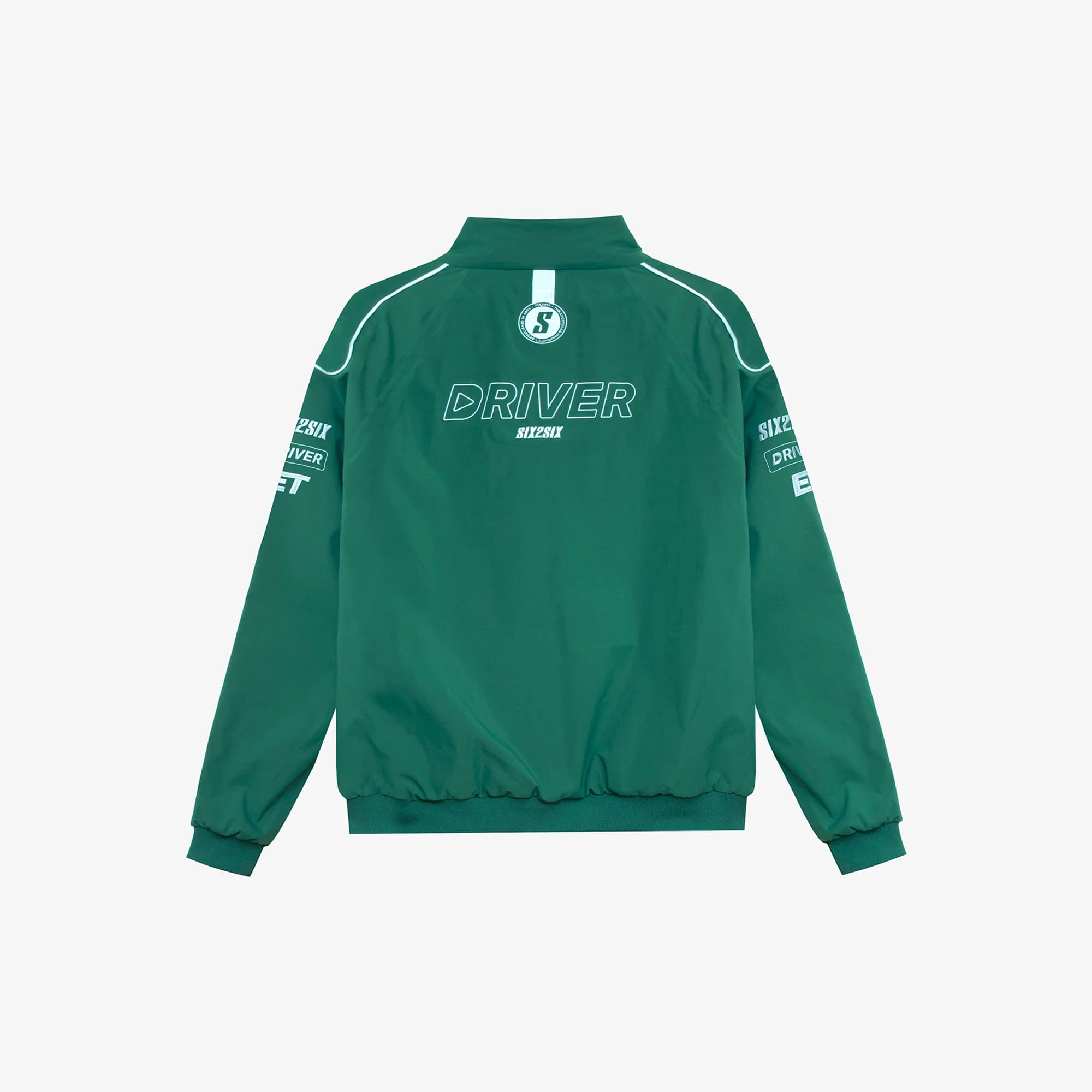 SIX2SIX Driver jacket in green, back, with DRIVER in outline across the shoulders